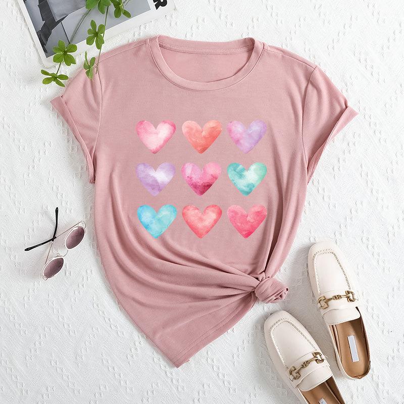 Summer Women's Plus Size Color Heart Print Loose Round Neck Casual Pure Cotton Short Sleeved T-shirts Women's