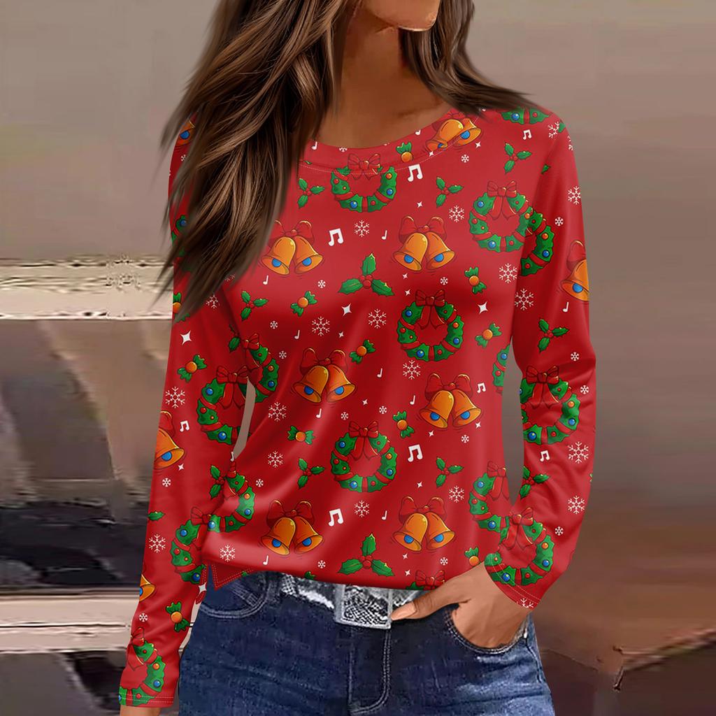 Women's Fashion Casual Slit Hem Round Neck Long Sleeve Loose  Printed T-Shirt Ladies Top
