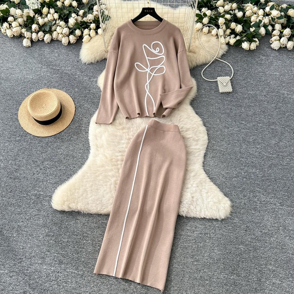 Autumn Winter Women Flower Knitted Sweater Two Piece Set Full Sleeve Pullover Top and Long Midi Slim Bodycon Sheath Skirt Outfits