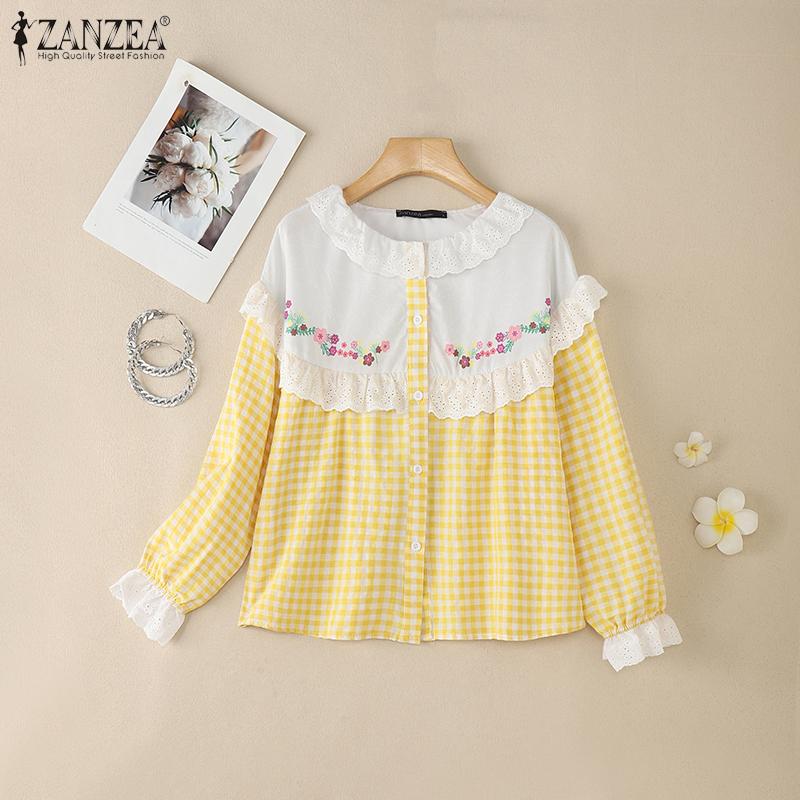 ZANZEA Women Lace Patchwork Casual Long Sleeve Grid Print Blouse