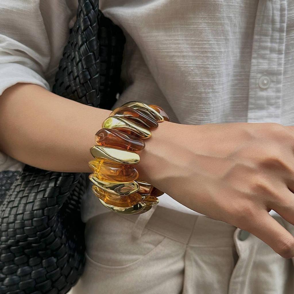 Salircon 10 Colors Vintage Thick Resin Acrylic Irregular Bangles for Women Geometric Wide Chunky Elastic Bracelets Hand Jewelry