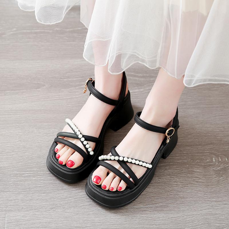 Pearl platform sandals women wear 2025 summer new fairy wind open toe one-word button Roman high-heeled sandals women