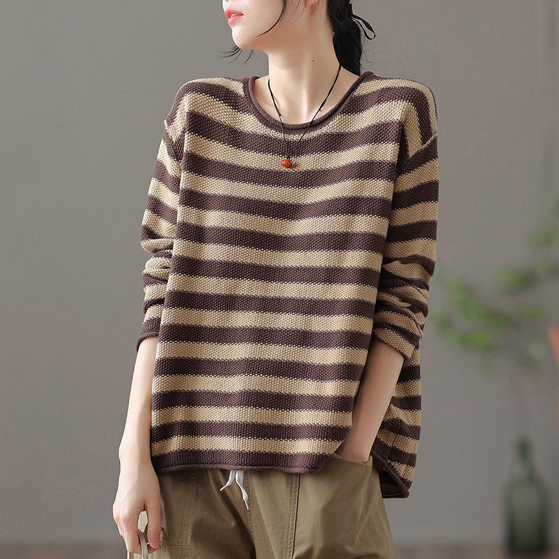 Women's Casual Crew Neck Pullover Sweater Autumn Winter Knitted Striped Top Loose Base Layer