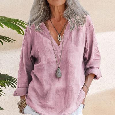 Women Shirt V-neck Long Sleeve Solid Color Pullover Tops Loose Fit Casual Tee Shirt Work Office Vacation Daily Wear