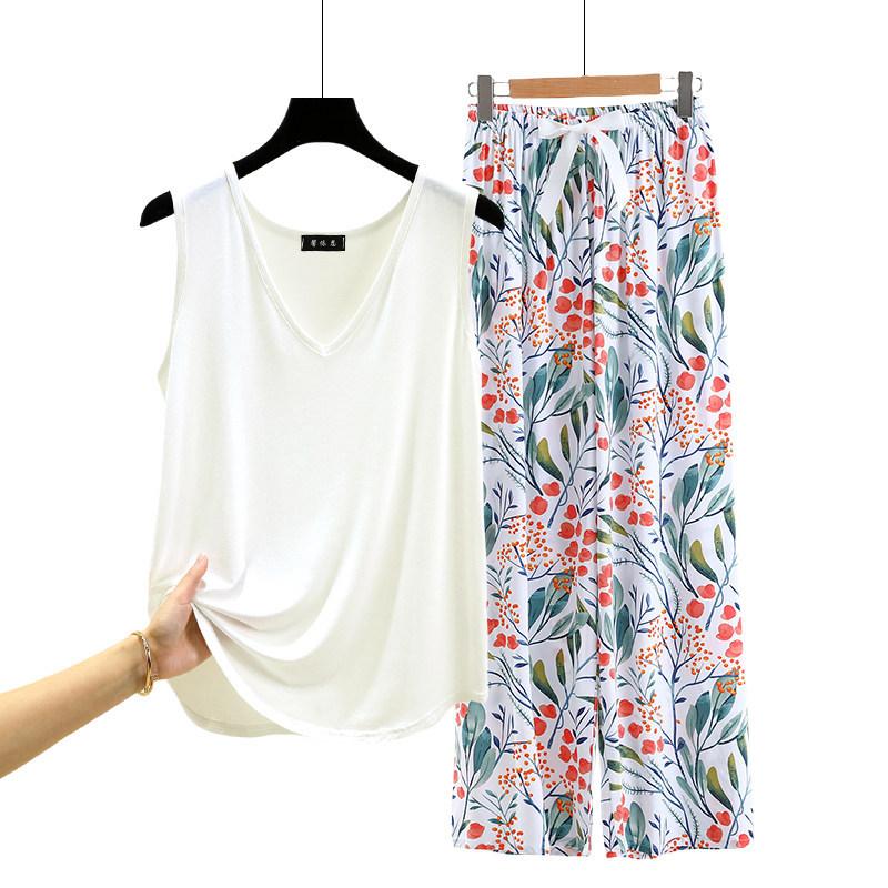 Lockere Modal-Pyjama-Sets Sommer V-Ausschnitt Tanktop und Florale Weite Hosen Lässiger Hausanzug ärmellos Loungewear Übergröße