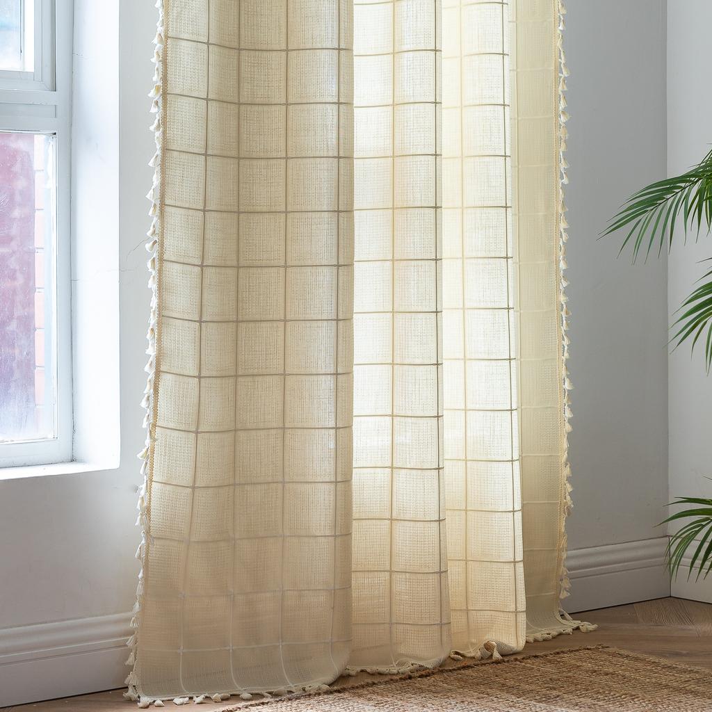 Tenda Plaid Vintage Americana con Nappe Semi Oscurante Cotone Lino Tasca per Asta Soggiorno Balcone Cucina Finestra a Golfo Protezione UV Arredamento Boho Rustico