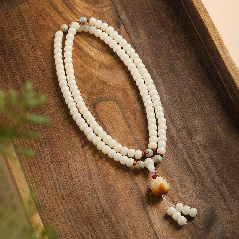 White Jade Bodhi Root 108-Bead Lotus Bracelet for Men and Women - Wenwan Prayer Beads