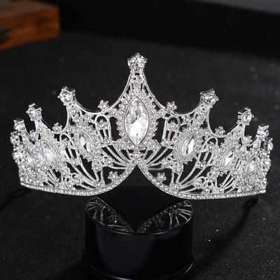 European and American Retro Baroque Bride's Crown Queen's Accessory  Fashionable Crown  White Rhinestone Performance Birthday Headwear