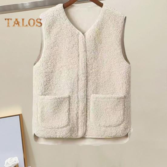 Women Fall Spring Vest Round Neck Thick Fleece Pockets Solid Color Sleeveless Zipper Closure Retro Warm Office Street Home Vacation Layering