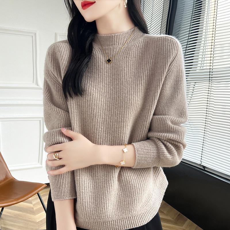 Women's Autumn/Winter Thick Wool Knit Sweater with Half-High Collar - Soft and Cozy Base Layer Top