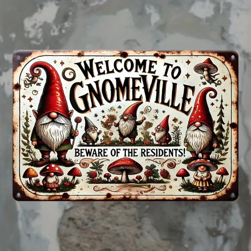 Vintage Gnome Welcome Sign Metal Wall Decor Weatherproof Outdoor Garden Art