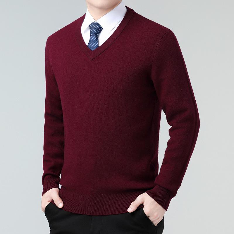 Men's Versatile V-Neck Cashmere Sweater: Warm Autumn/Winter Knit for Middle-Aged & Young Adults