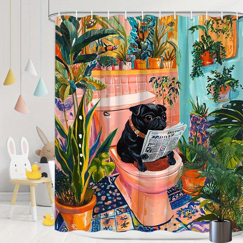 1pc Whimsical Black Pug Shower Curtain - Pink Background, Tropical Jungle Plants, Polyester, 70.8x70.8In, 12 Hooks, Washable