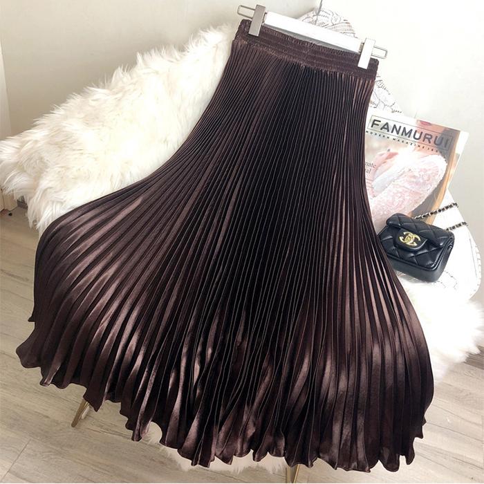 Women Reflective Bright Satin Long Skirt with Solid Color Pleated A-Line Skirts for Fall