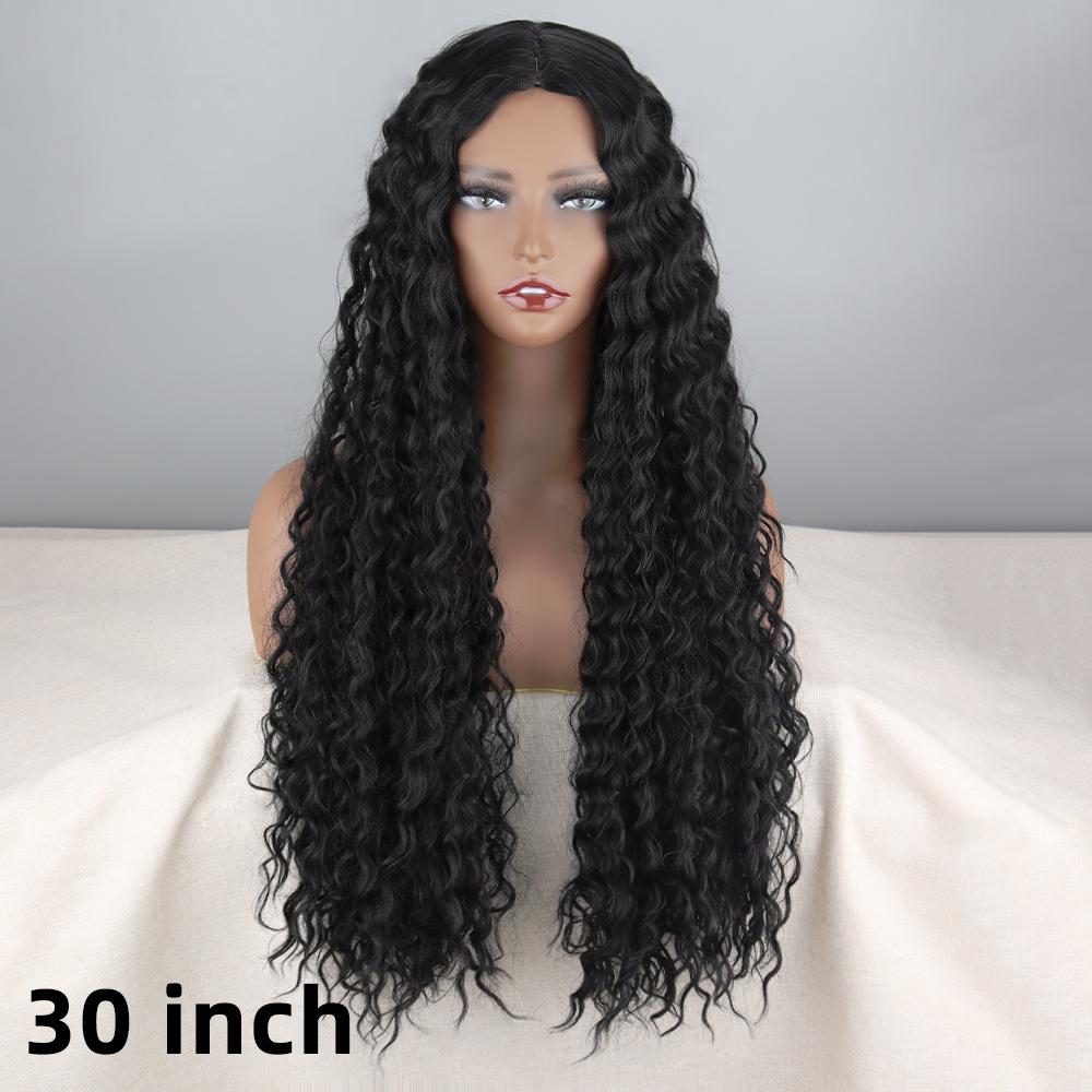 XINRAN Afro Women Fashion Shoulder Length Kinky Curly Natural Black Wig Without Bangs Synthetic Fiber Deep Curly Black Wig