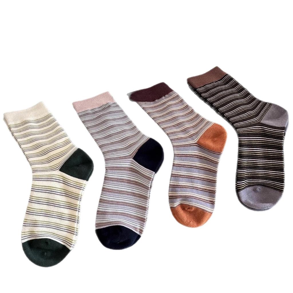 Korean Contrasting Striped Socks Medium Tube Socks Tide Internet Celebrity Stacking Socks Literary Retro Pure Cotton Stockings