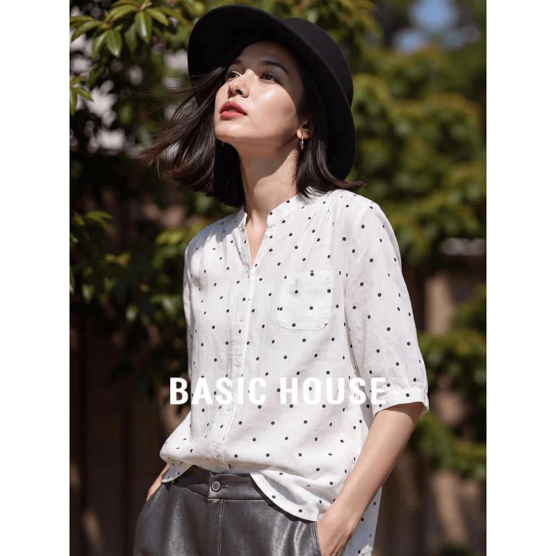 Basic House Women s Polka Dot V-Neck Half-Sleeve Shirt L