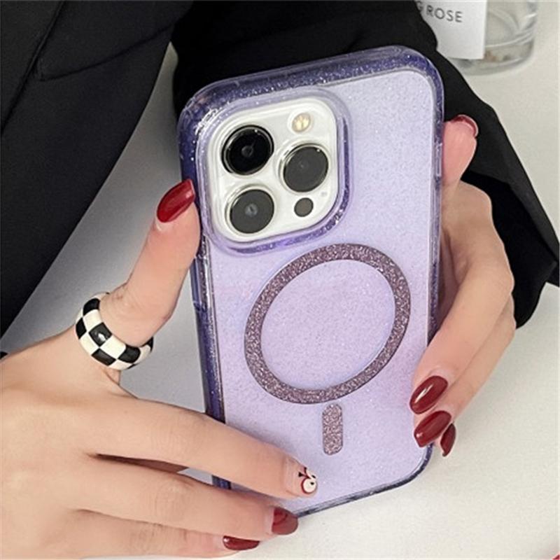 

Корейский модный блестящий чехол Magsafe с магнитной беспроводной зарядкой для iPhone 16 11 12 13 14 15 Pro Max Plus, прозрачный чехол для ПК For iPhone 14 фиолетовый