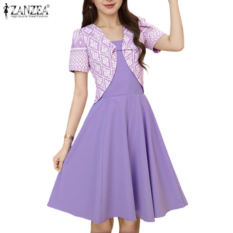 ZANZEA Women Summer V-neck Casual Short Sleeve Print Dress