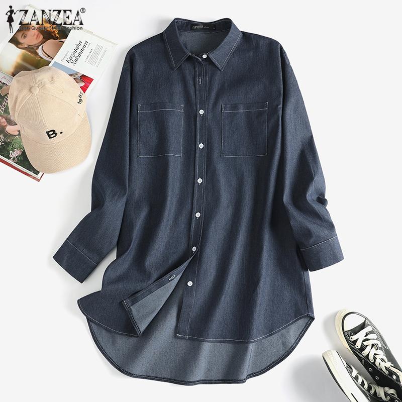 

ZANZEA Женская повседневная джинсовая блузка неправильной формы с отложным воротником