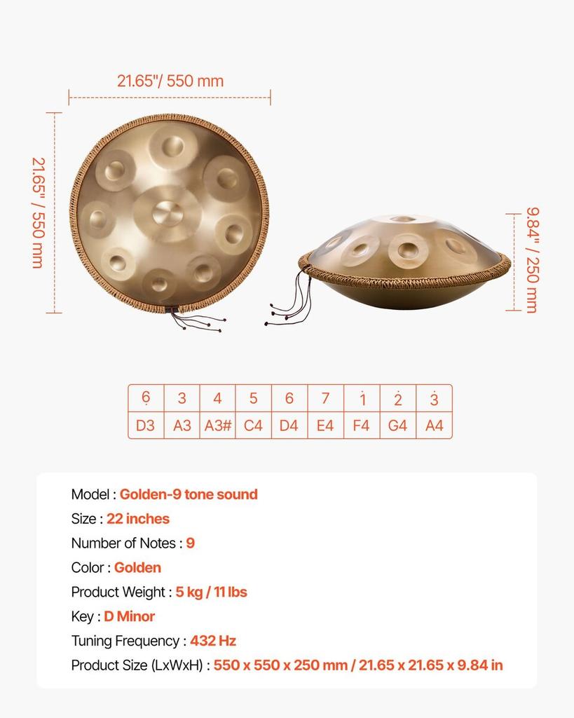 Tamburo Handpan, 56 cm 9 Note Tamburo a Mano in Acciaio, Tamburi Musicali 432Hz in Re Minore con Protezione del Bordo Tessuta, 2 Mazze e Custodia, Percussioni Resistenti allo Sbiadimento