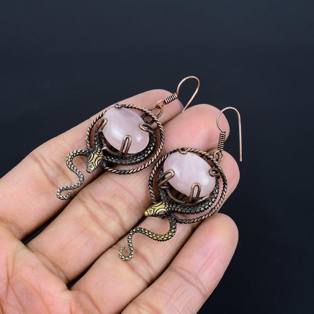 Rose Quartz 999 Copper Wire Wrapped Earrings, Handmade Gemstone Earrings Jewelry, Gifts For Wife Brand New Earrings