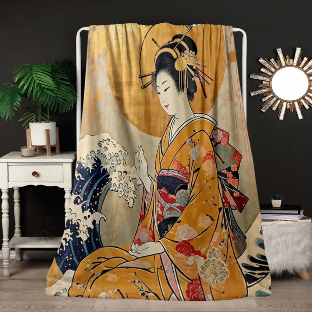 Series of Japanese Geishas Digital-printed Polyester Bedroom Velvet Flannel Cover Blanket Fleece Soft Cover Blankets for Beds