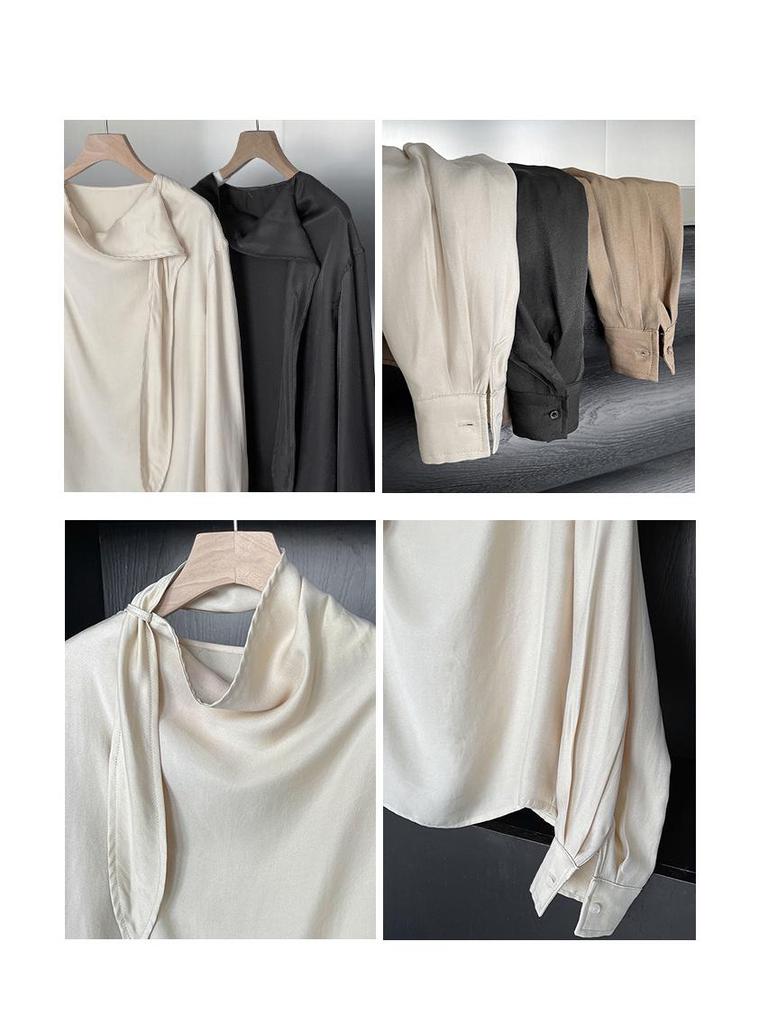 Ju Zhi 2024 Autumn Chic Slimming Irregular Drape Ribbon Shirt for Women 4533