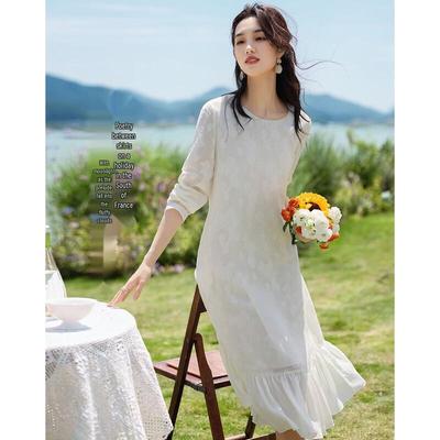 Demana Fall Elegant Textured Jacquard Chiffon Hem Straight Dress