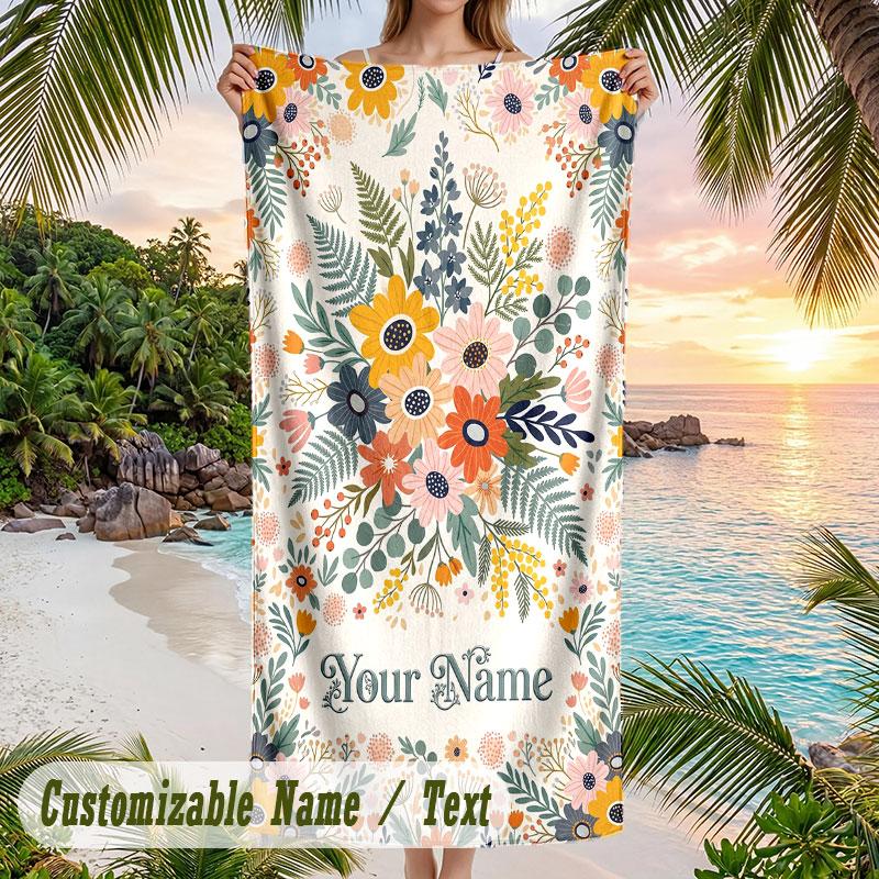 Floral Elegance Birds Theme Quick Dry Beach Towel Custom Name Text Print Large Sand Resistant Towel Beach Vacation
