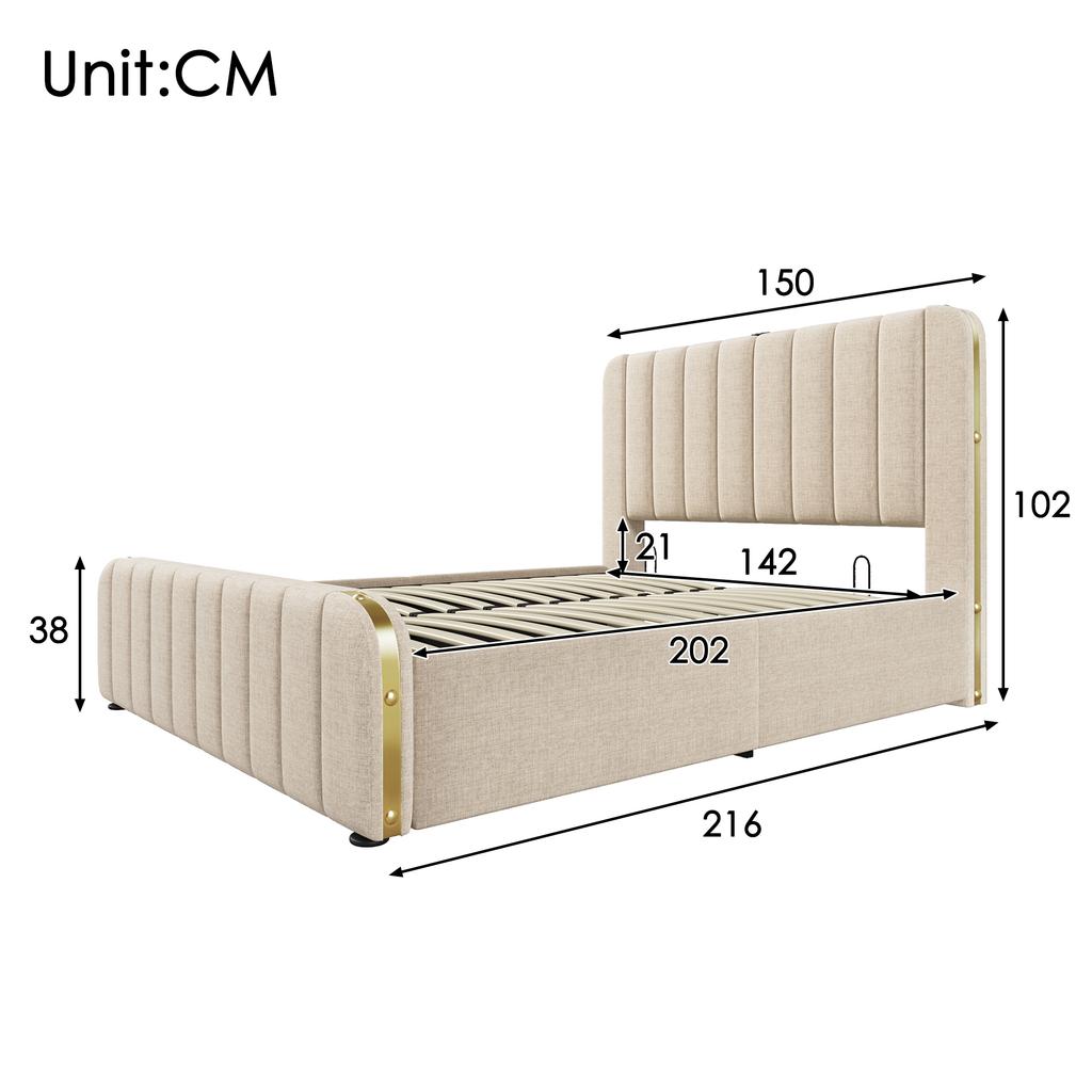 Double Bed, Upholstered Headboard, Golden Decorative Stripes, USB Type-C Charging, 140*200 cm, Beige Linen, Hydraulic Storage, 181 kg (With Mattress)