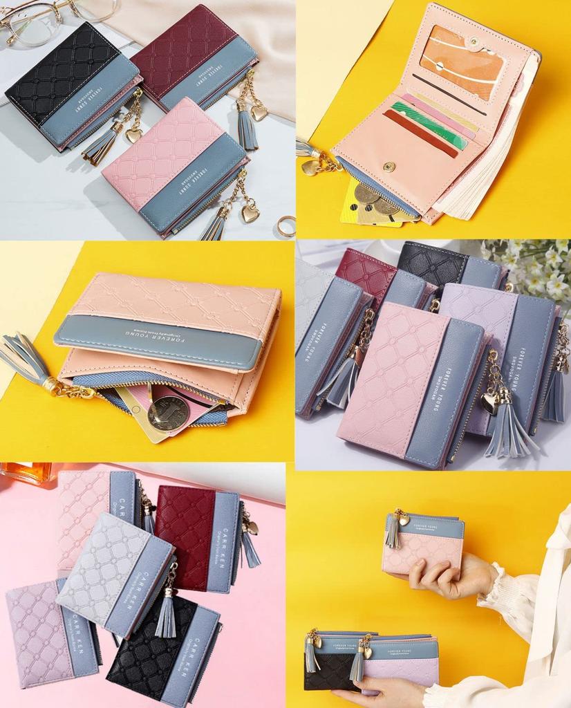 Acid Mini Wallet, Bifold, Leather, PU Leather, Tassel Charm, Two-Tone, Solid Color, Simple, Women's (Red)