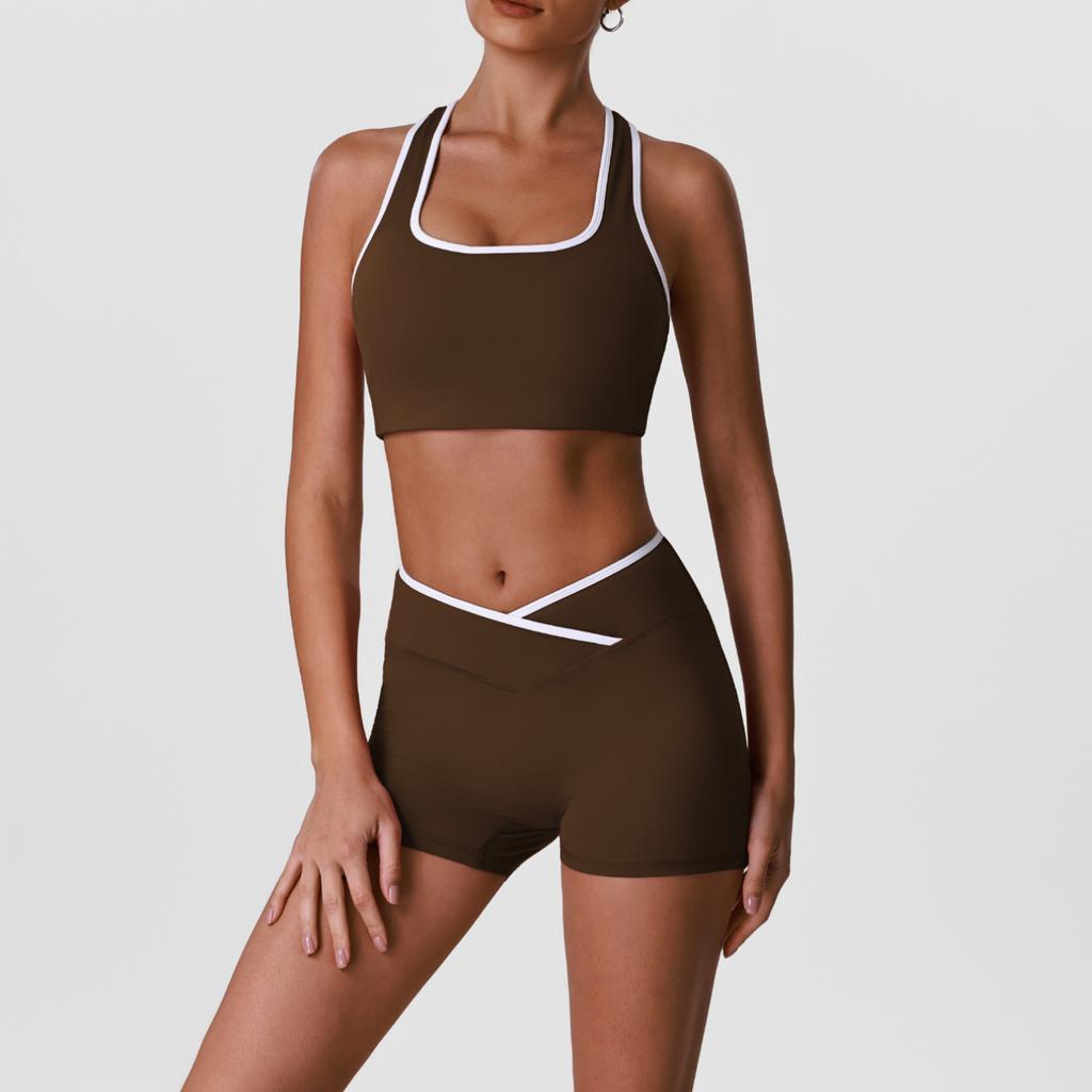 Women's Colorblock Trim Sports Bra with Crossover Waist Shorts Two Piece Yoga Workout Set