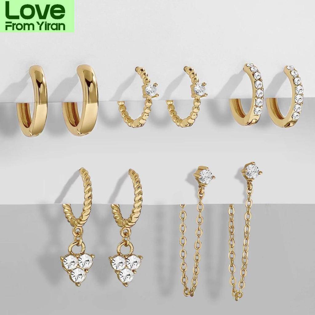 Latest Zircon Crystal Cubic Zircon Stylish Jewelry Crystalline Small Hoops Sets Long Gold Color Chain Earrings Women Twist Beads Huggie Stylish
