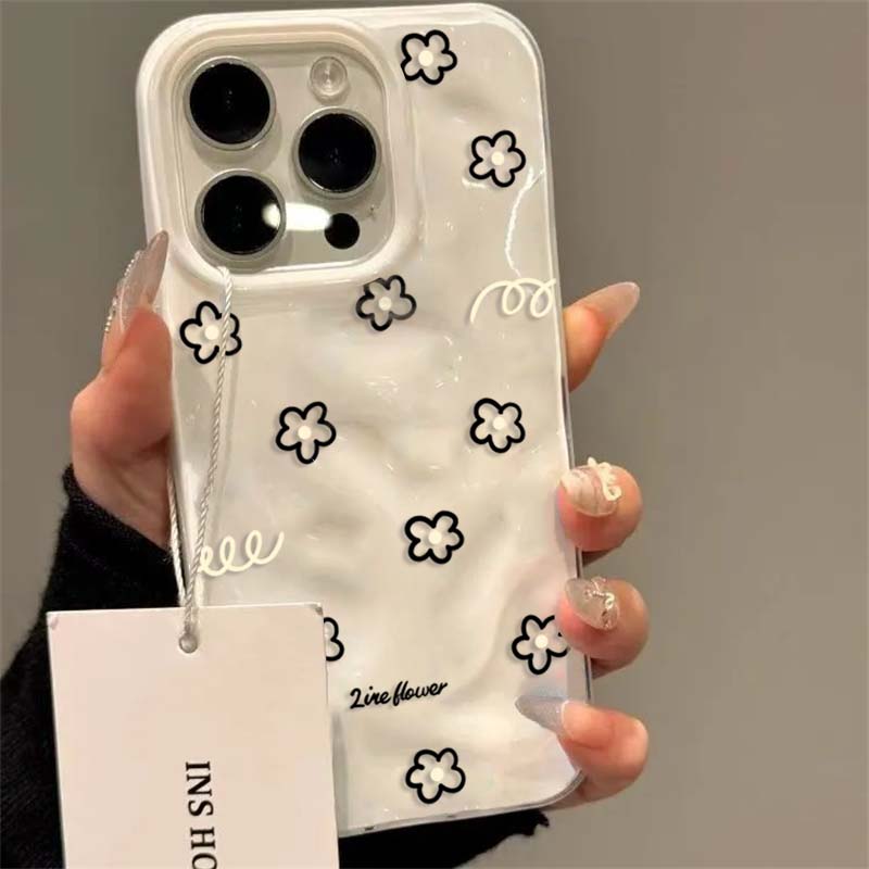 Cute Black Line Flower Korean Phone Case For iPhone 16 15 14 Plus 13 12 11 17 Air Pro Max Folds Texture Kawaii Soft Cover Cases
