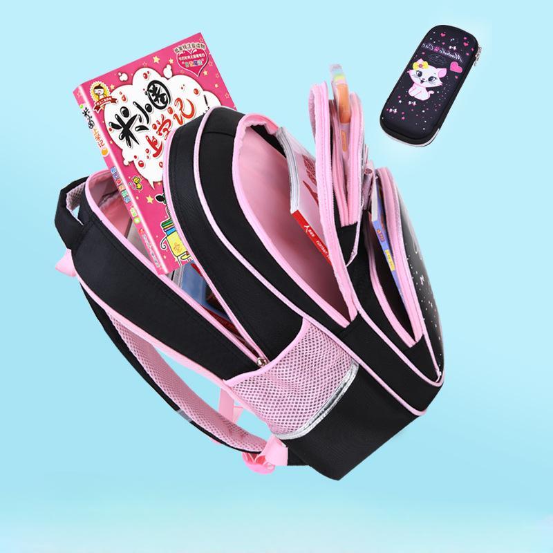 Grade 1-6 Children School Bags for Girls Cut Cat Printed 3 PCS Set Primary School Backpack Kids School Bookbag with Handbag Pencil Case