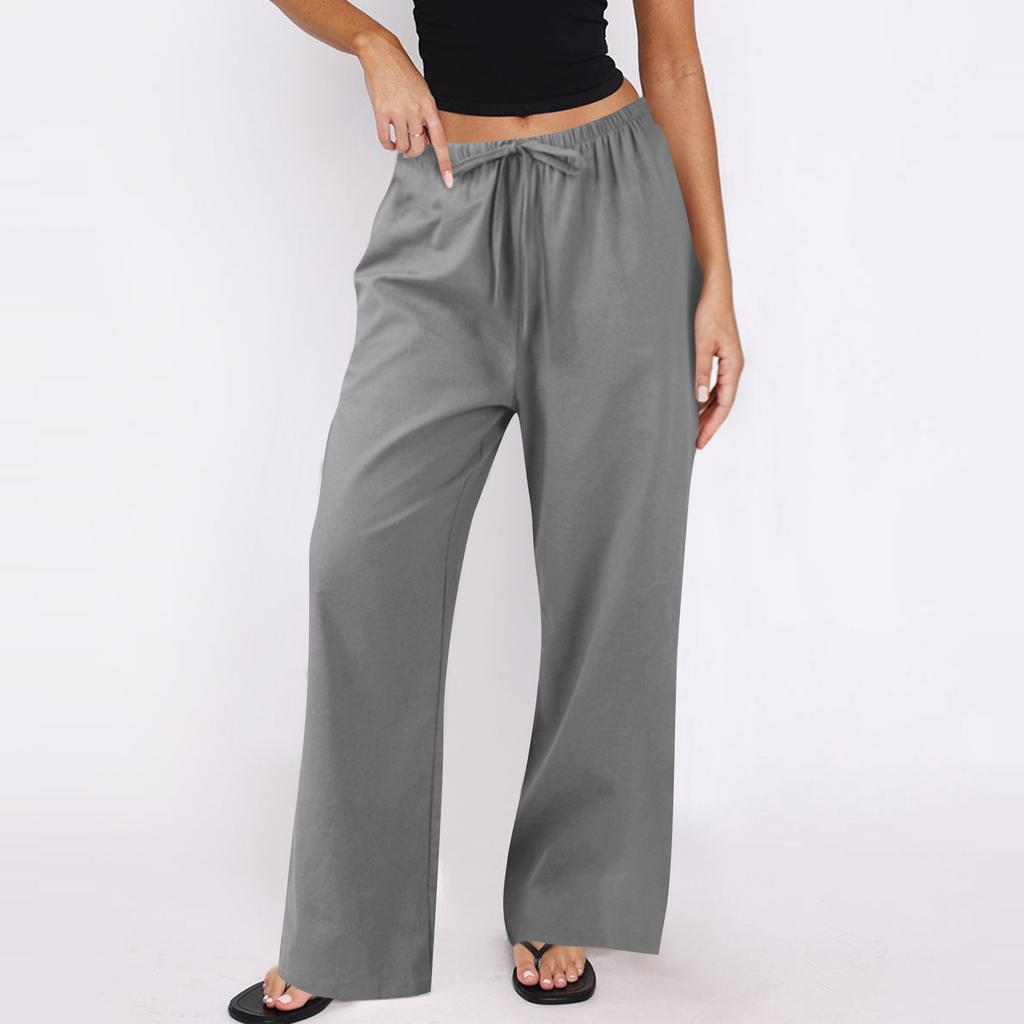 Women's Cotton And Linen Casual Summer Straight Wide Leg Loose Drawstring Elastic Waistband Pocket Trousers