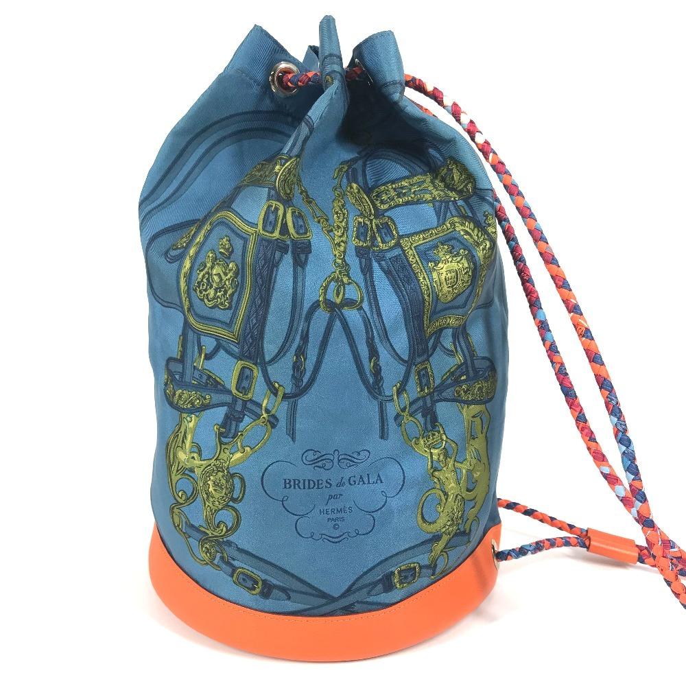 HERMES Drawstring bag Soy Coeur bag Shoulder Bag silk / Leather Orange/blue
