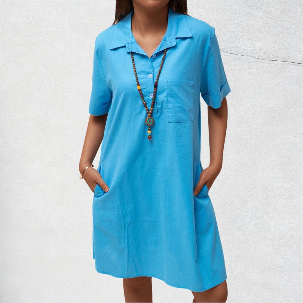 Women's Shirt Dress Button Down Short Sleeve Dresse With Pockets
