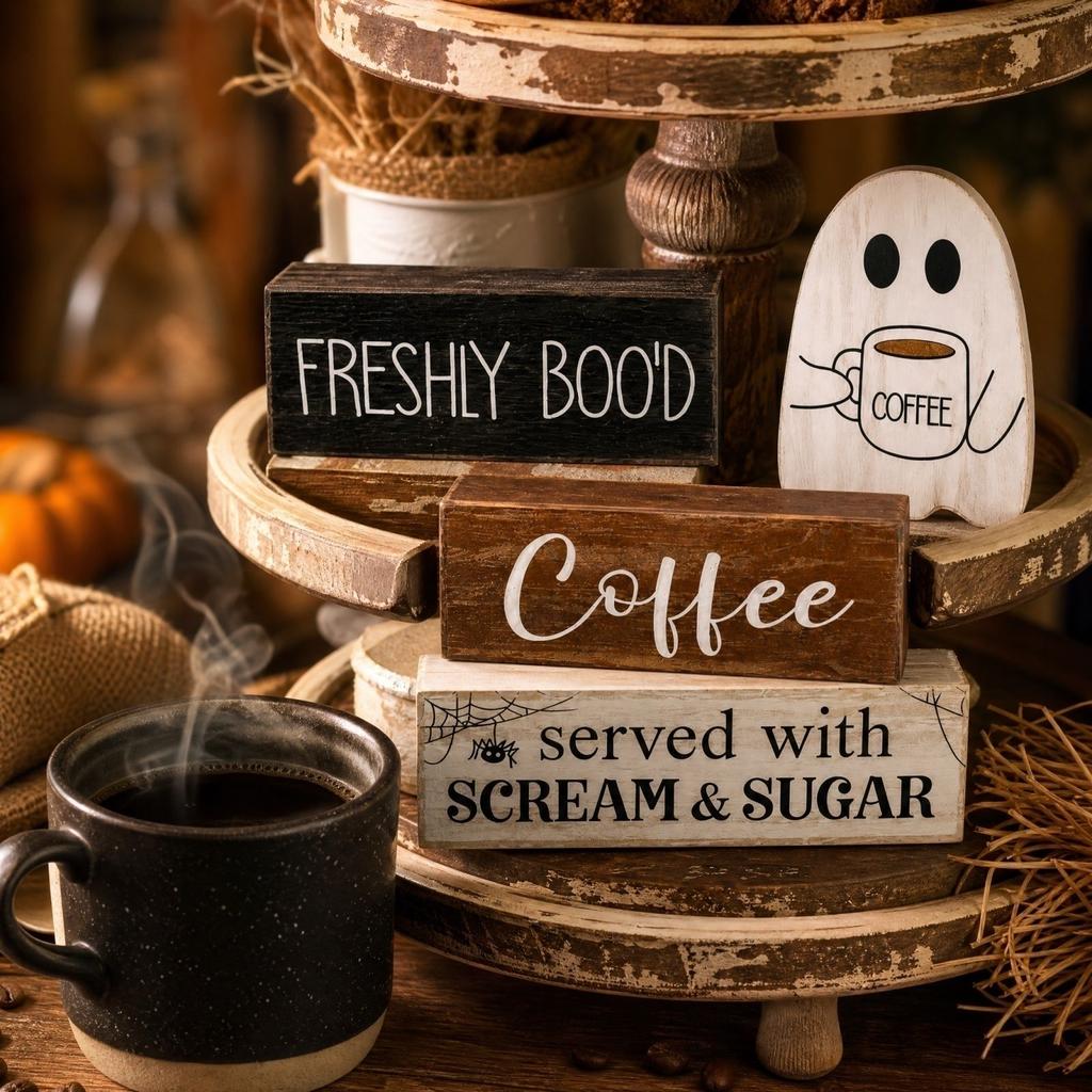 4-Pack Halloween Signs - Coffee Bar Table Centerpiece Decoration