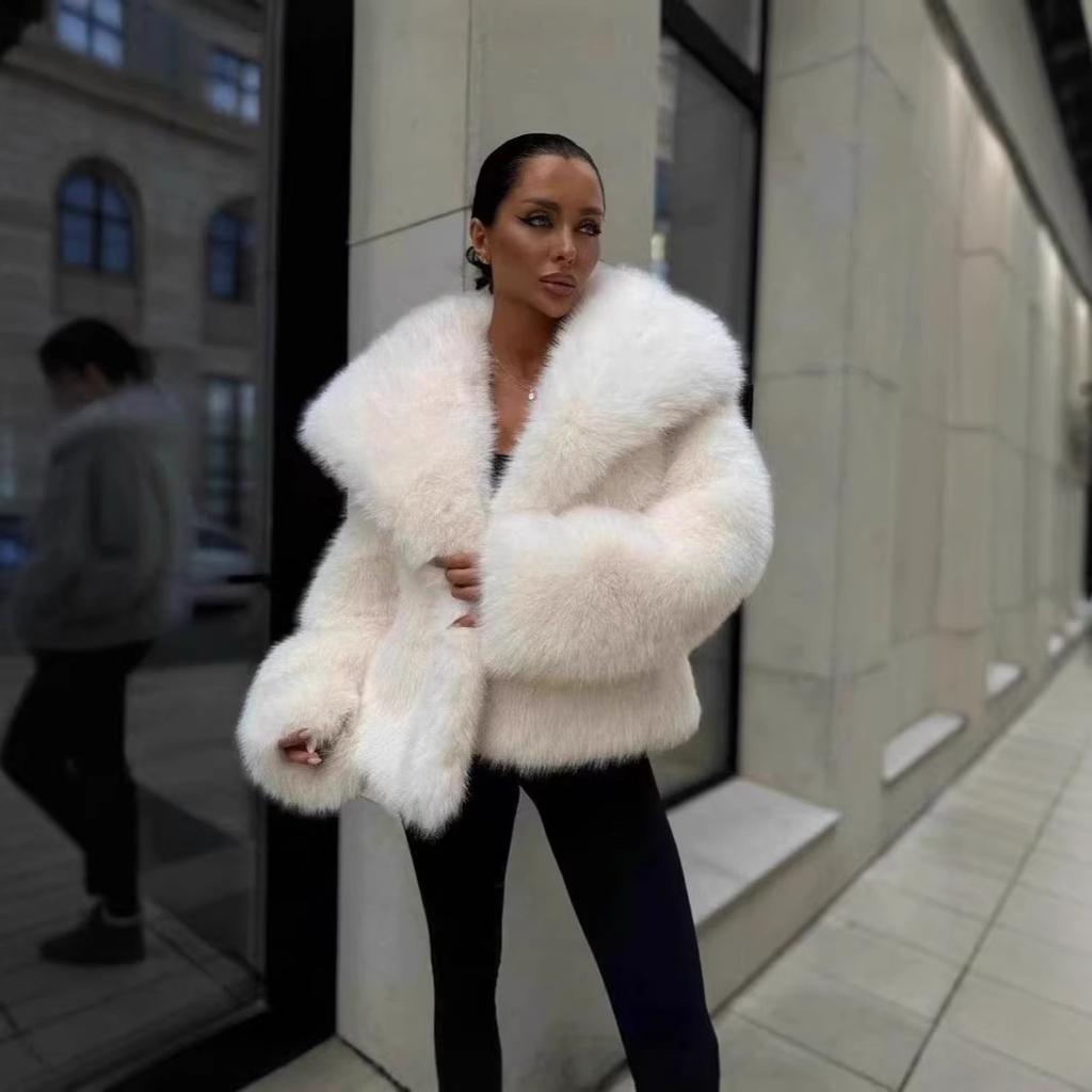 Damen Reverskragen Langarm Kunstpelzmantel Lockerer Schnitt Streetwear Pelzjacke