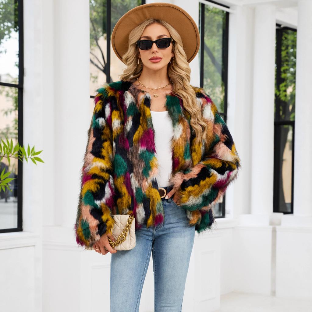 New colorful fur imitation fur jacket short long-sleeved collarless casual women's winter wool jacket