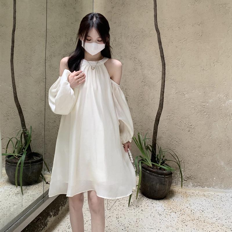 Off-Shoulder Halter Neck White A-Line Dress - New for Summer & Fall 2023