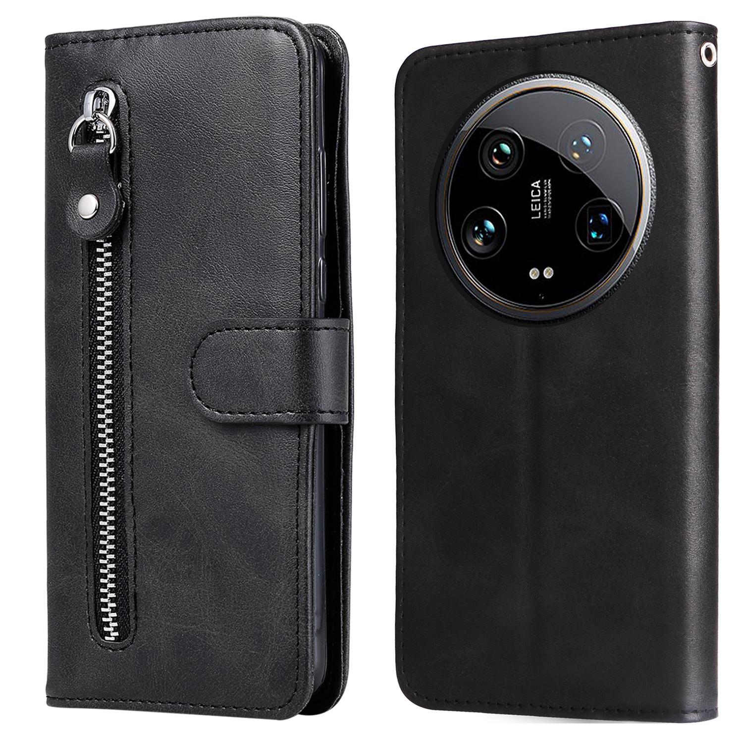 

Чехол для Xiaomi 14 Ultra с текстурой теленка, кошелек на молнии, защитный чехол для телефона из искусственной кожи Black