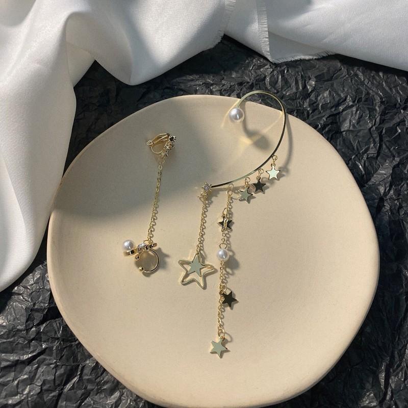 IF ME Korean Fashion Retro Asymmetrical Pearl Star Earrings Personality Exaggerated Tassel Ear Clip Jewelry Accessories