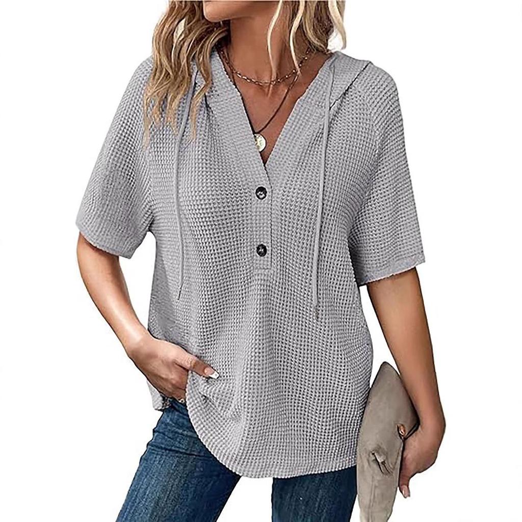 Dames Zomer 2025 Wafelbrei V-hals Hoodie – Korte Mouw, Lichtgewicht, Trekkoord Top