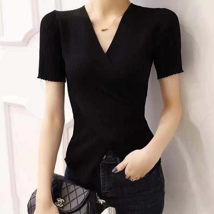 Irregular Cross Knit Short-sleeved Female Summer Bottoming V-neck Hundred Matching Solid Color Tops T-shirt Female Casual Slim Fit Pullovers Tees