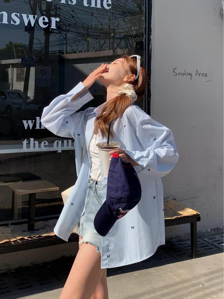 Women's Bow Print Long Sleeve Striped Shirt - Versatile Spring/Autumn Top
