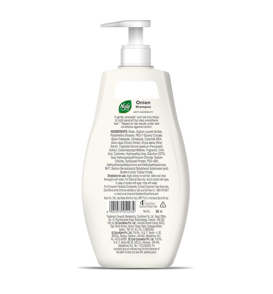 Nyle Naturals Shampoo Antipelliculaire à l'Oignon et au Fenugrec, Nettoyant Capillaire Doux à pH Équilibré Sans Parabènes pour Hommes et Femmes, 800ml