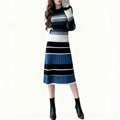 Women's Vintage Striped Knit Sweater Dress Fashion Mid-Length Dress Autumn Winter Warm Clothing